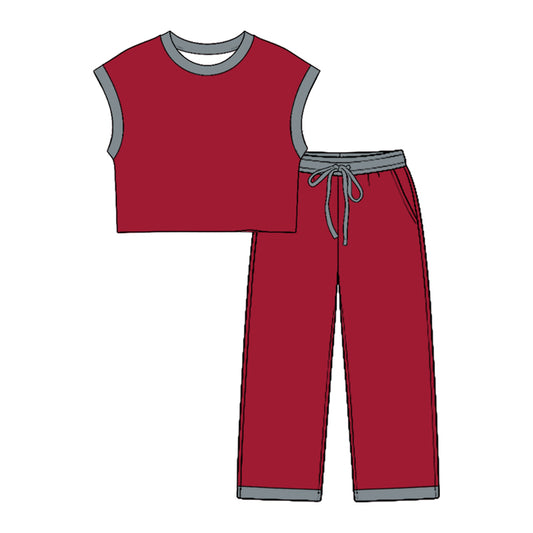 7.23 GSPO2352 Preorder Teams Red Cotton Sleeveless Top Pockets Pants Kids Clothes Set