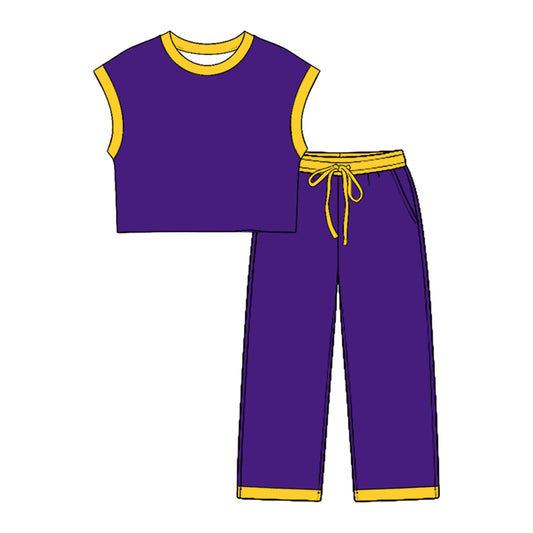 7.23 GSPO2353 Preorder Teams Purple Cotton Sleeveless Top Pockets Pants Kids Clothes Set