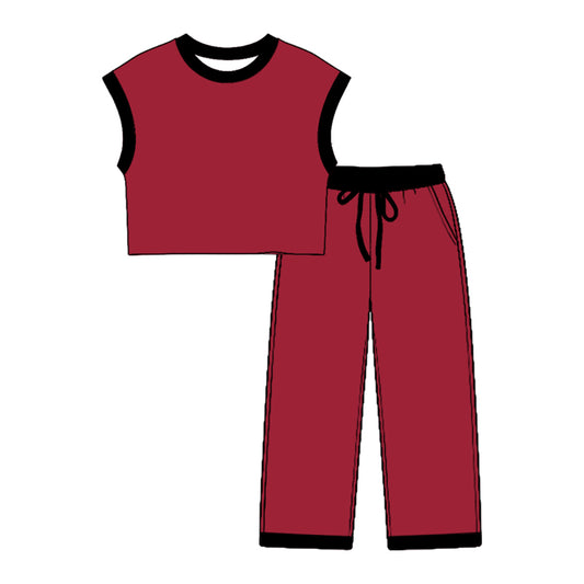 7.23 GSPO2354 Preorder Teams Dark Red Cotton Sleeveless Top Pockets Pants Kids Clothes Set