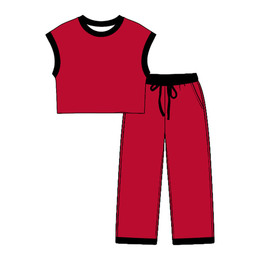 7.23 GSPO2355 Preorder Teams Red Cotton Sleeveless Top Pockets Pants Kids Clothes Set