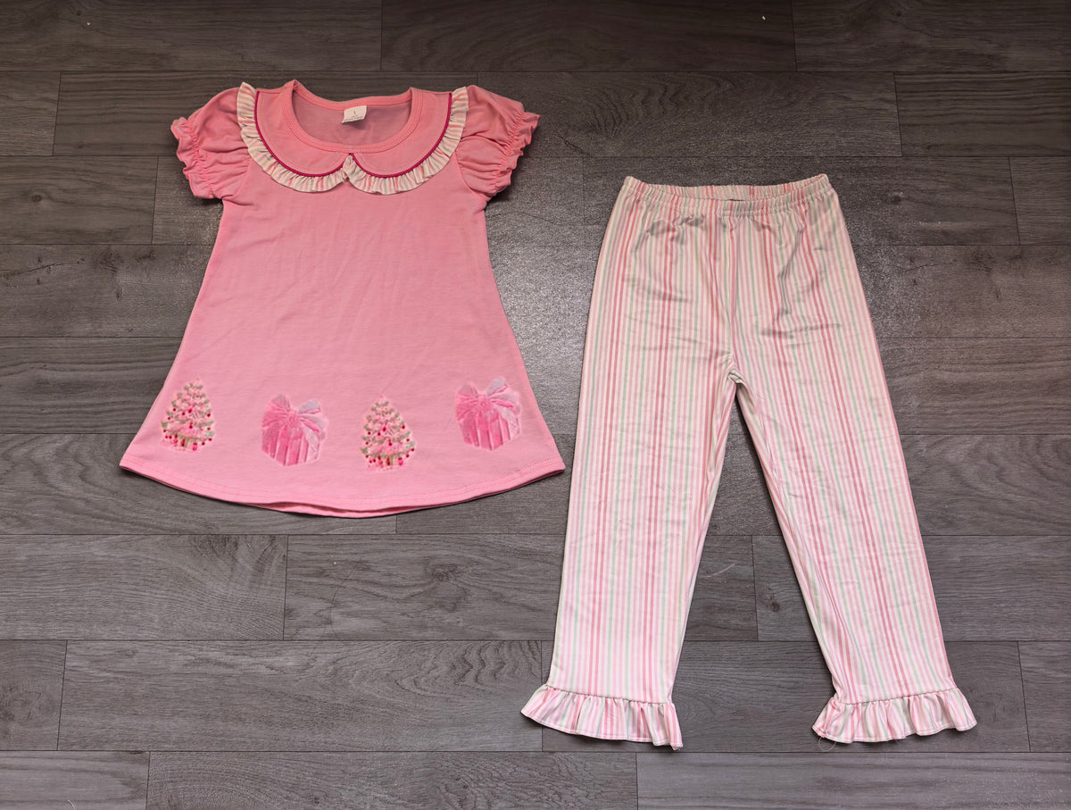 7.24 GSPO2356 Preorder Christmas Tree Gifts Pink Doll Collar Tunic Top Stripes Pants Girls Clothes Set
