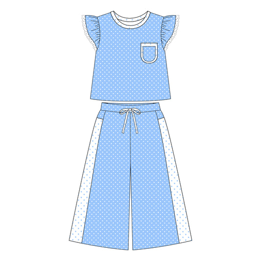 7.30 Preortder Adult size Women Blue Polka Dot Top with Wild Pants Outfit