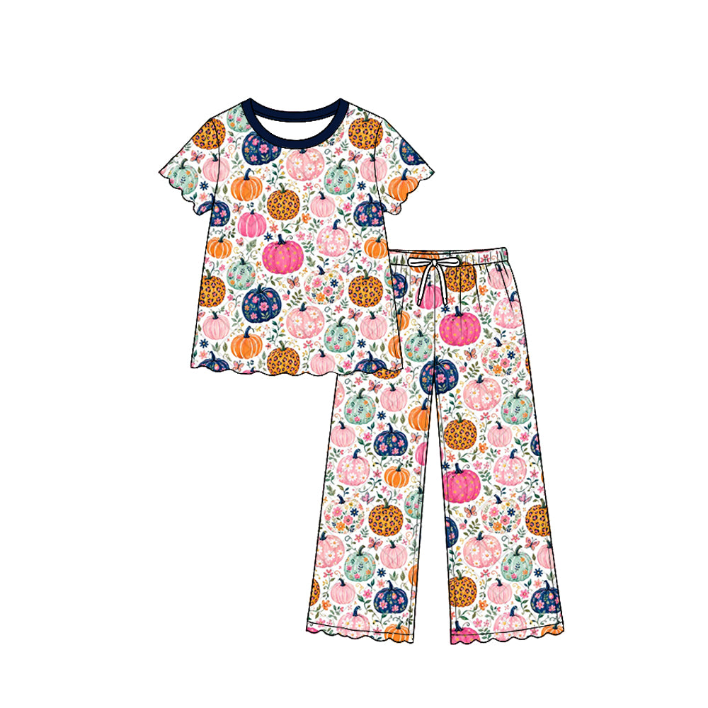 8.13 GSPO2363 Preorder Pumpkin Flowers Print Girls Fall Scallop Edge Clothes Set
