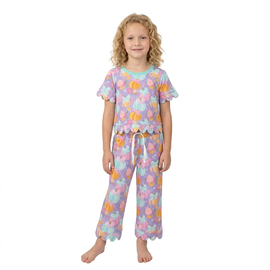 GSPO2364 Pumpkin Flowers Bows Print Girls Fall Scallop Edge Clothes Set