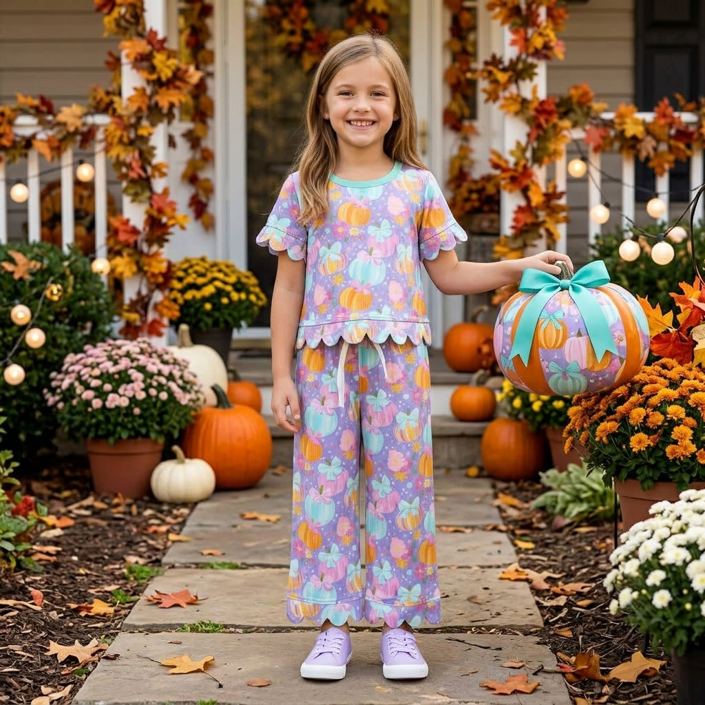 GSPO2364 Pumpkin Flowers Bows Print Girls Fall Scallop Edge Clothes Set