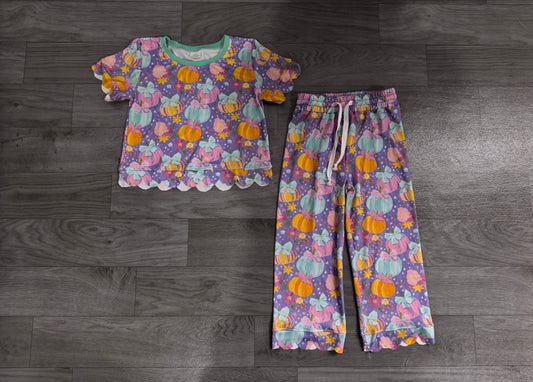 8.13 GSPO2364 Preorder Pumpkin Flowers Bows Print Girls Fall Scallop Edge Clothes Set