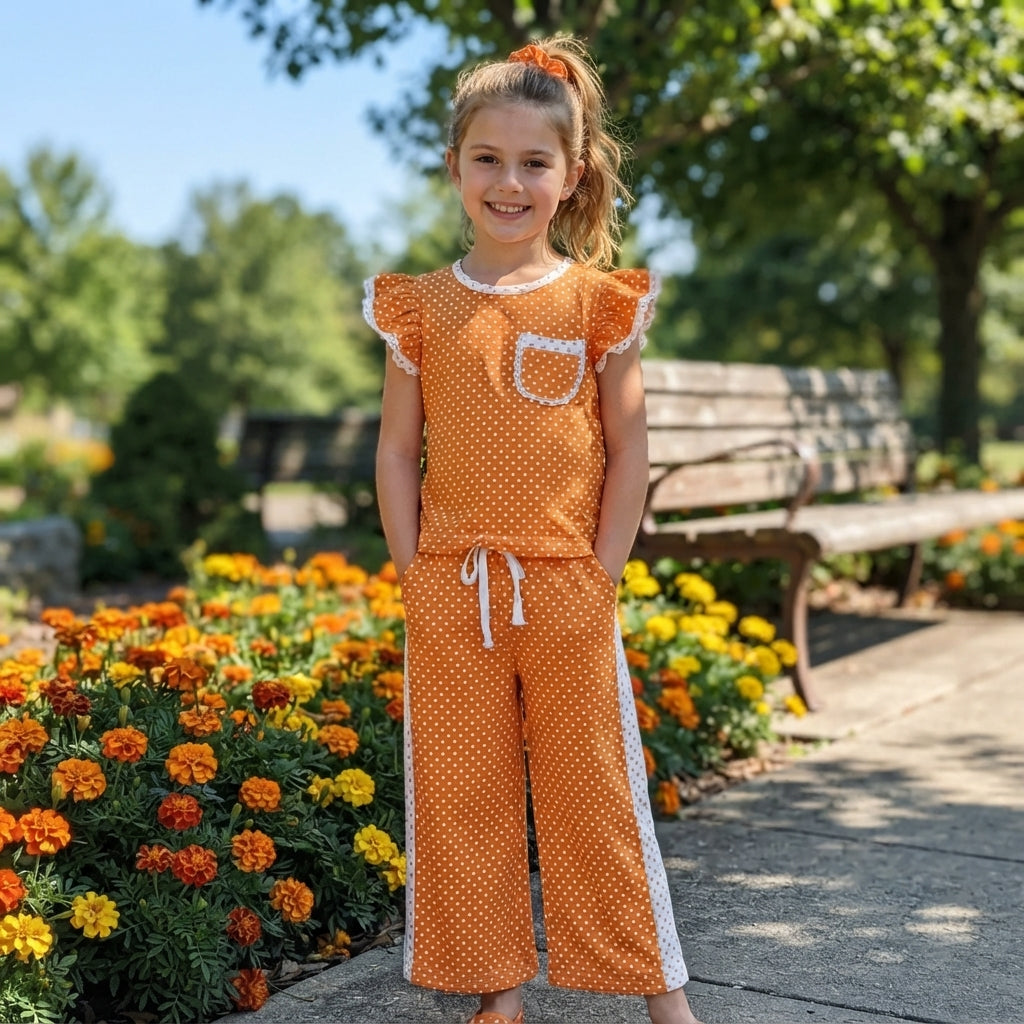 GSPO2367 Teams Orange Polka Dot Ruffle Sleeve Top with Wide Leg Pants Girls Tennessee Outfits