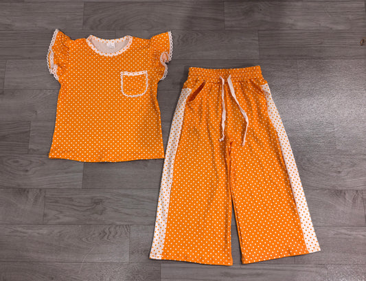8.20 GSPO2367 Preorder Kids Girls Orange Polka Dot Ruffle Sleeve Top with Wide Leg Pants Outfit