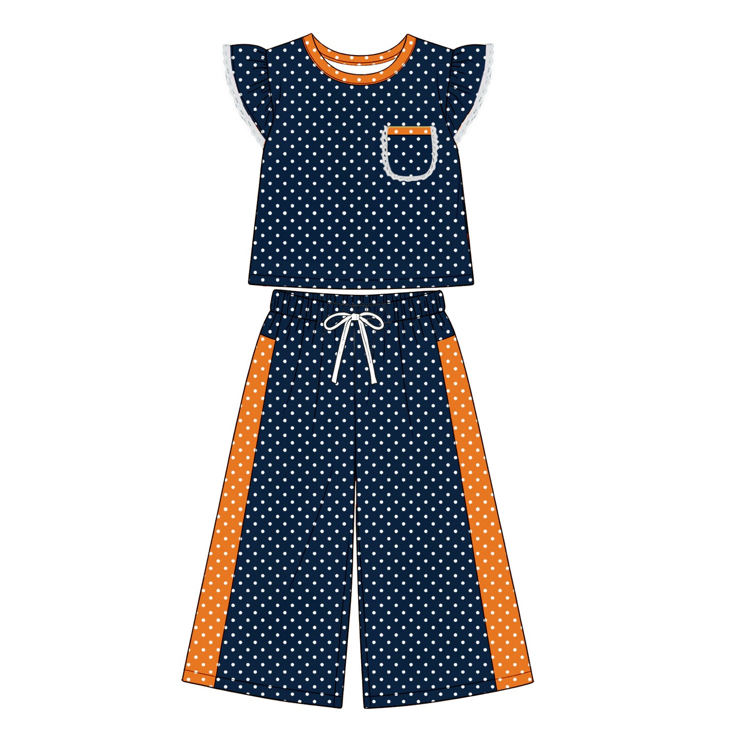 8.20 GSPO2368 Preorder Kids Girls Navy Polka Dot Ruffle Sleeve Top with Wide Leg Pants Outfit