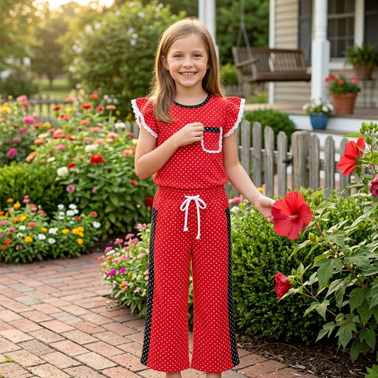 GSPO2370 Teams Red Polka Dot Ruffle Sleeve Top with Wide Leg Pants Girls Outfit