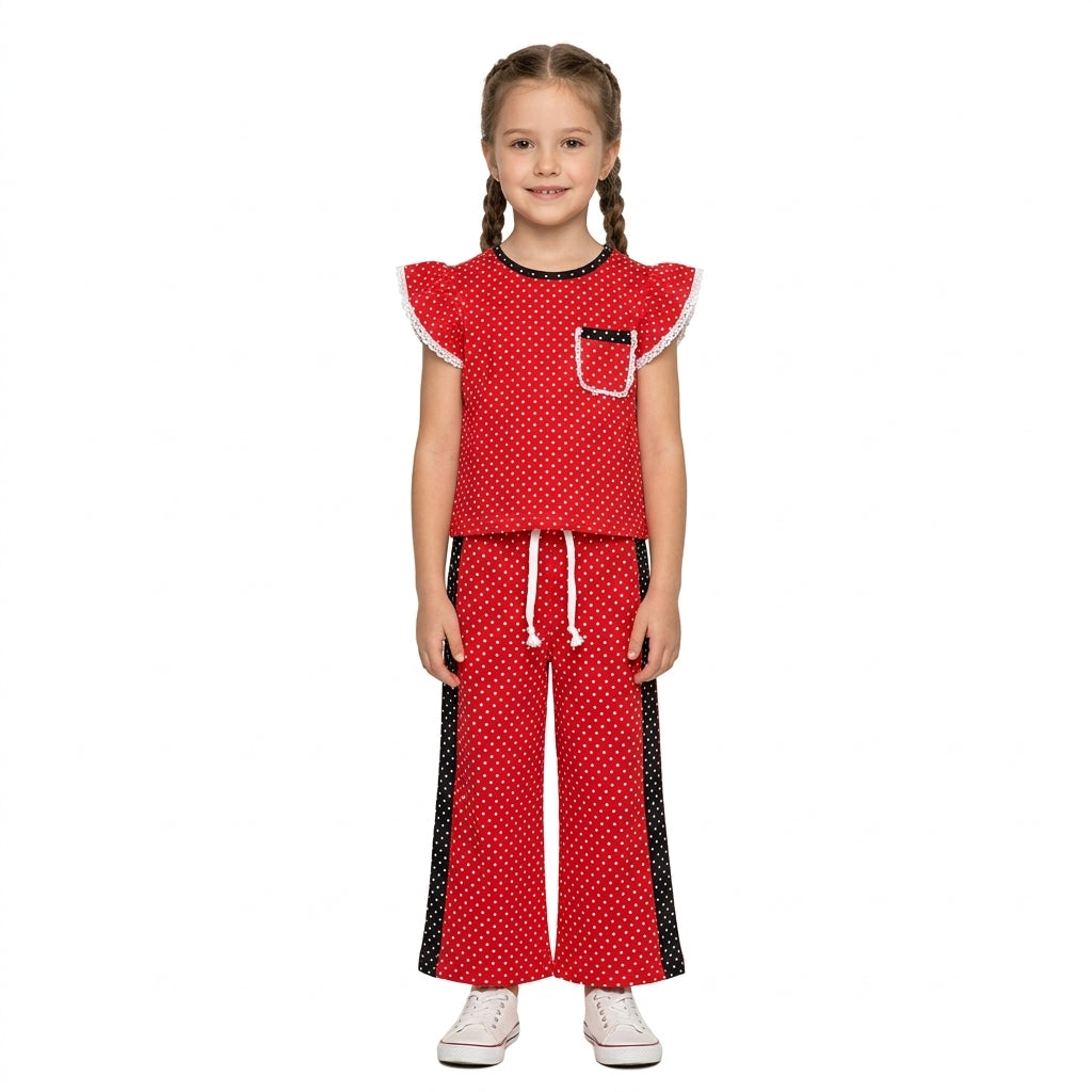 GSPO2370 Teams Red Polka Dot Ruffle Sleeve Top with Wide Leg Pants Girls Outfit