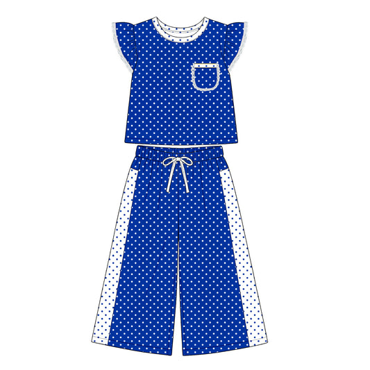 8.20 GSPO2371 Preorder Kids Girls  Royal Blue Polka Dot Ruffle Sleeve Top with Wide Leg Pants Outfit