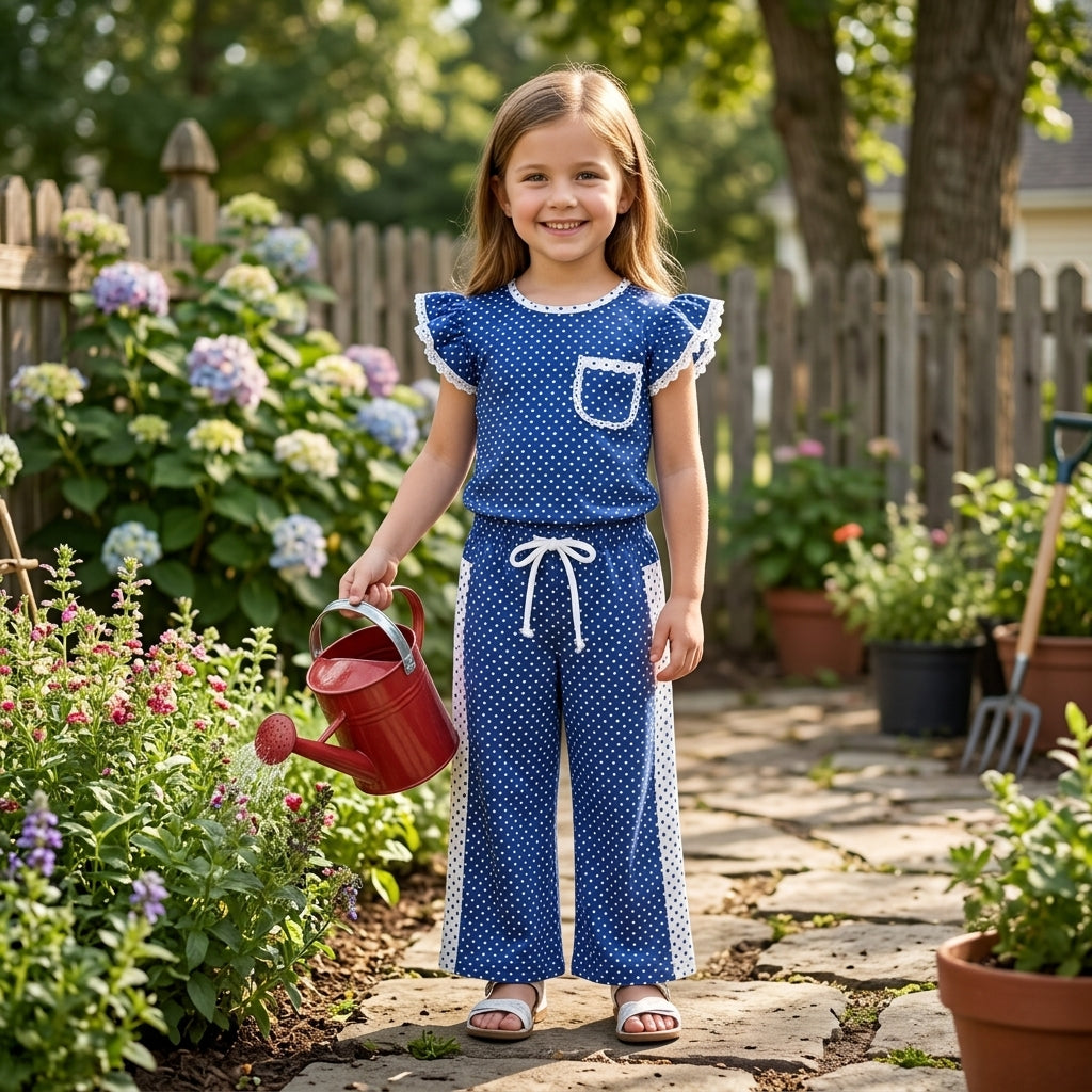 GSPO2372 Teams Royal Blue Polka Dot Ruffle Sleeve Top with Wide Leg Pants Girls Outfit