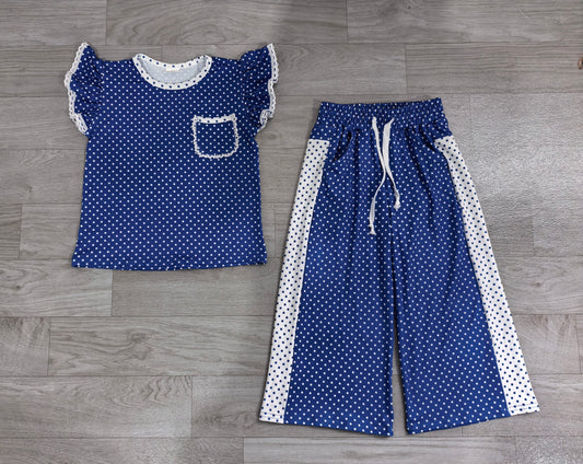 8.20 GSPO2371 Preorder Kids Girls  Royal Blue Polka Dot Ruffle Sleeve Top with Wide Leg Pants Outfit