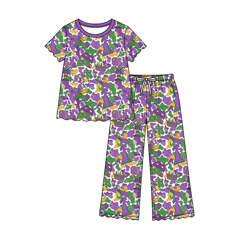 8.29 GSPO2374 Preorder Mask Anchor Crayfish Purple Camo Top Straight Pants Girls Mardi Gras Clothes Set
