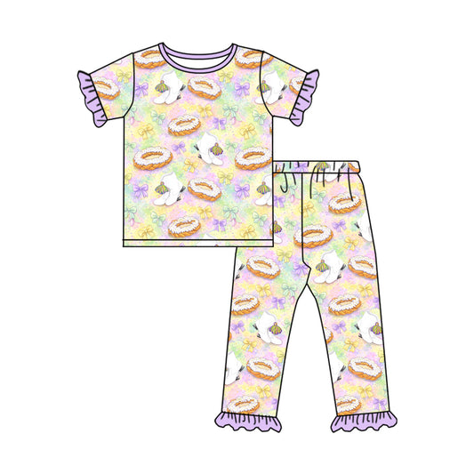 9.4 GSPO2382 Preorder Donut Bows Boots Tie-dye Print Girls Mardi Gras Pajamas Clothes Set