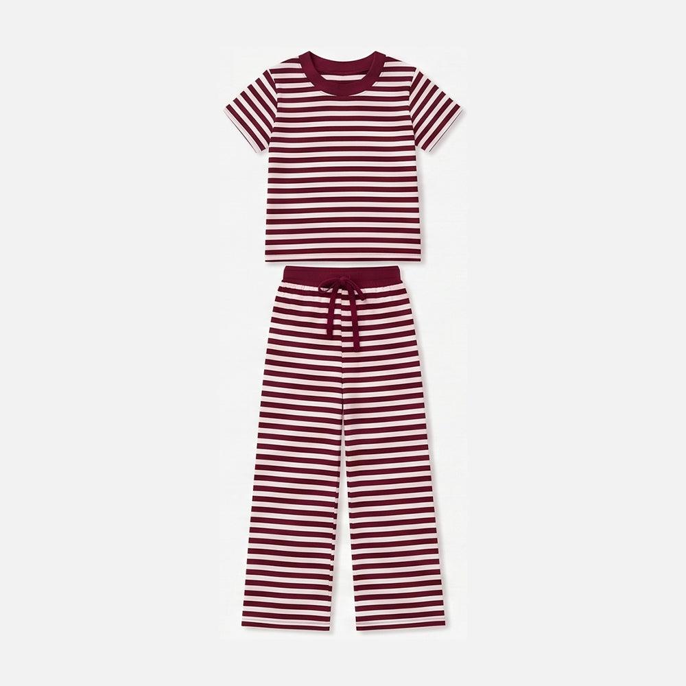 9.5 GSPO2384 Preorder Wine Stripes Print Short Sleeve Top Straight Pants Girls Clothes Set