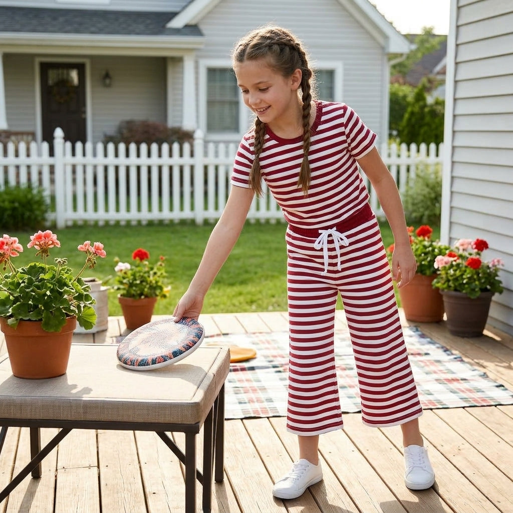 GSPO2384 Wine Red Stripes Print Short Sleeve Top Straight Pants Girls Clothes Set