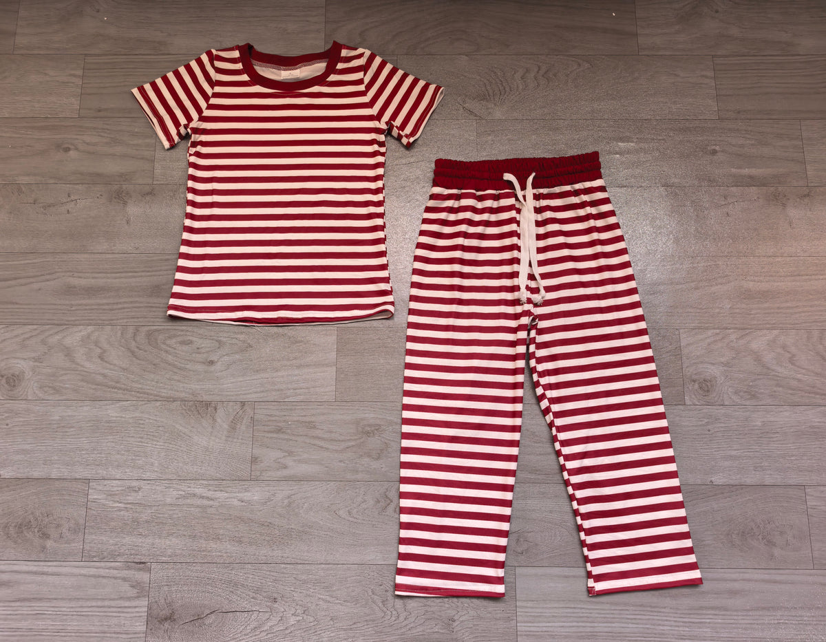 9.5 GSPO2384 Preorder Wine Stripes Print Short Sleeve Top Straight Pants Girls Clothes Set