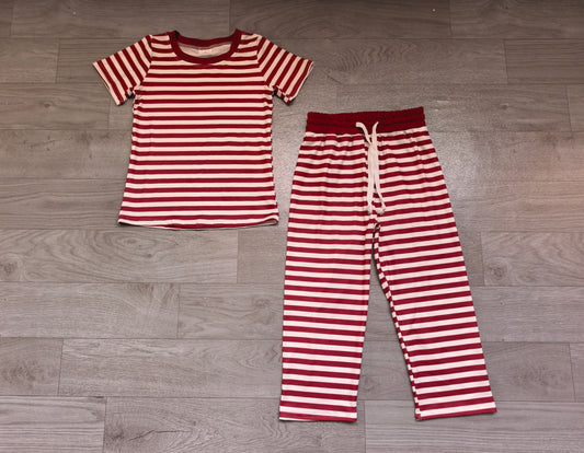 9.5 GSPO2384 Preorder Wine Stripes Print Short Sleeve Top Straight Pants Girls Clothes Set