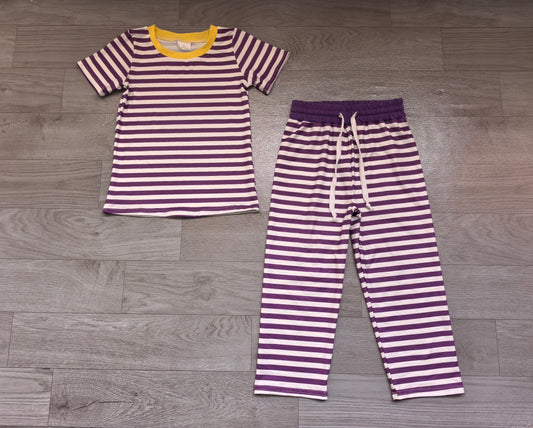 9.5 GSPO2386 Preorder Purple Stripes Print Short Sleeve Top Straight Pants Girls Clothes Set