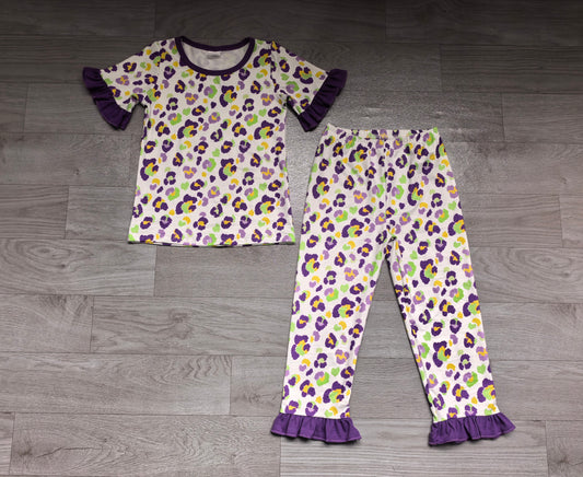 9.5 GSPO2388 Preorder Purple Leopard Print Girls Mardi Gras Pajamas Clothes Set