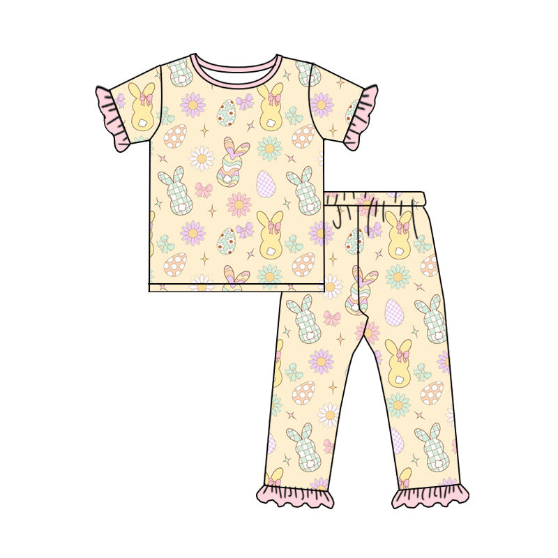 9.8 GSPO2389 Preorder Bunny Eggs Flowers Print Girls Easter Pajamas Clothes Set