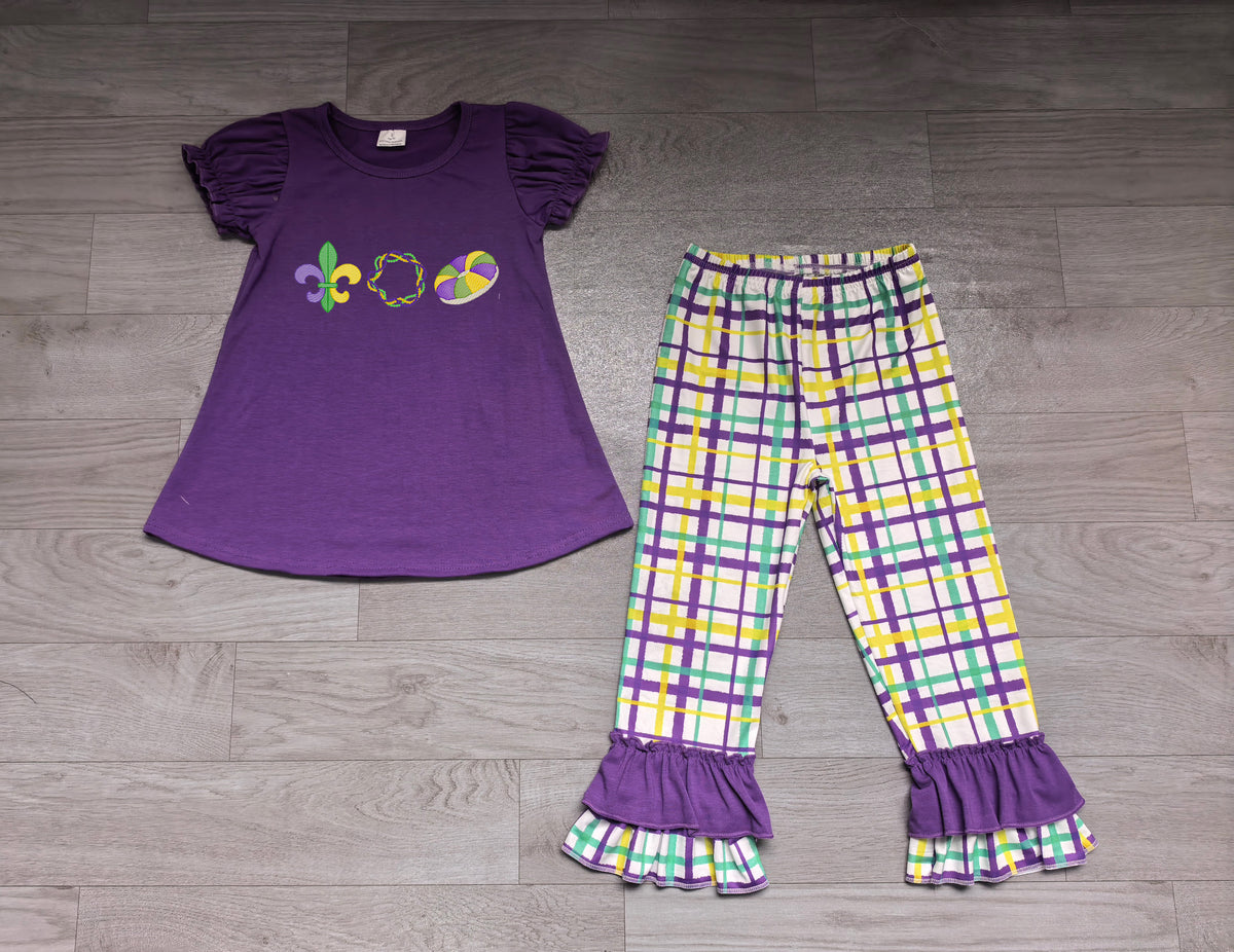 9.16 GSPO2395 Preorder Anchor Donut Purple Top Checkered Pants Girls Mardi Gras Clothes Set