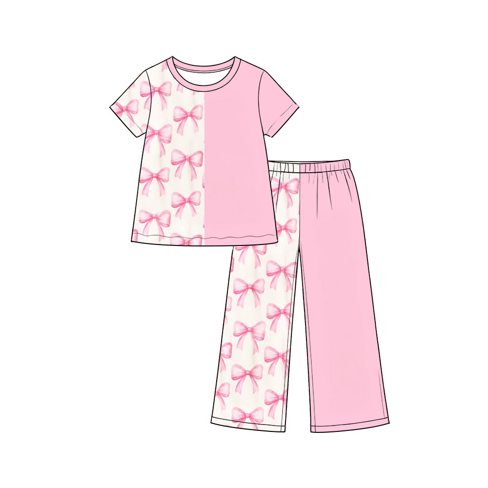 10.1 Preorder GSPO2403 Baby Girls Pink Bow Short Sleeve Top Wide Leg Pants Outfit