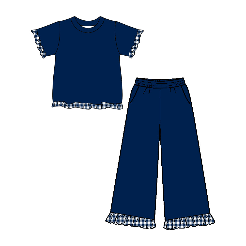 10.16 GSPO2409 Preorder Kids Girls  Navy Short Sleeve Top Pants Outfit with Gingham Tirm
