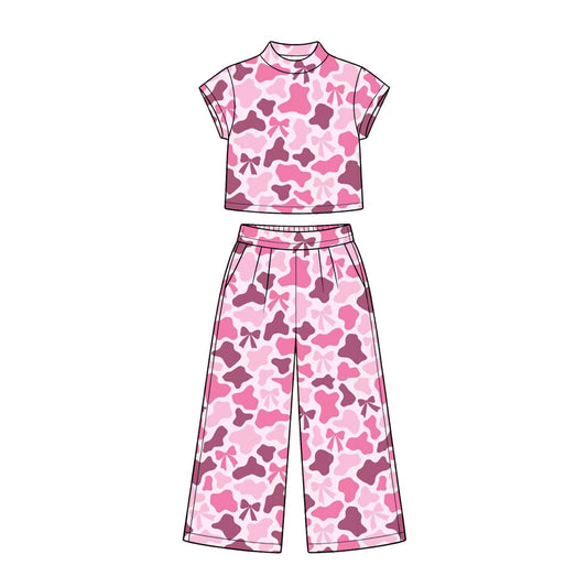 10.16 GSPO2410 Preorder Bows Pink Camo Print Mock Neck Top Straight Pants Girls Clothes Set