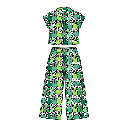 10.16 GSPO2412 Preorder Lucky Leaf Leopard Print Mock Neck Top Straight Pants Girls St Patrick Day Clothes Set