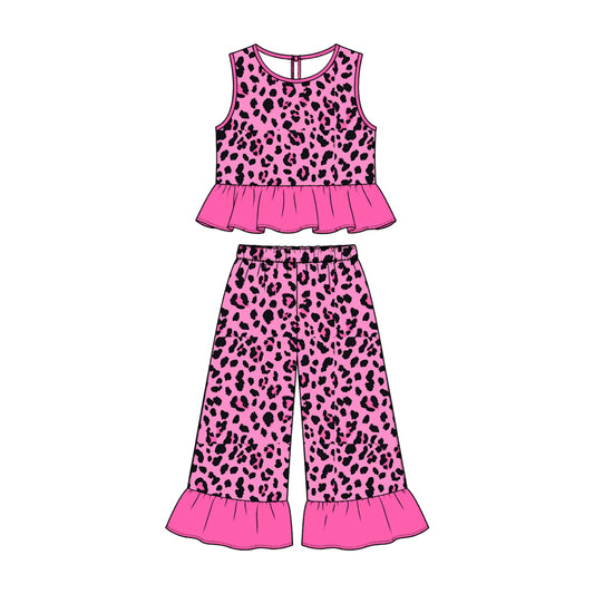 10.23 GSPO2420 Preorder Girls Hot Pink Leopard Peplum Top & Ruffle Pants Summer Set