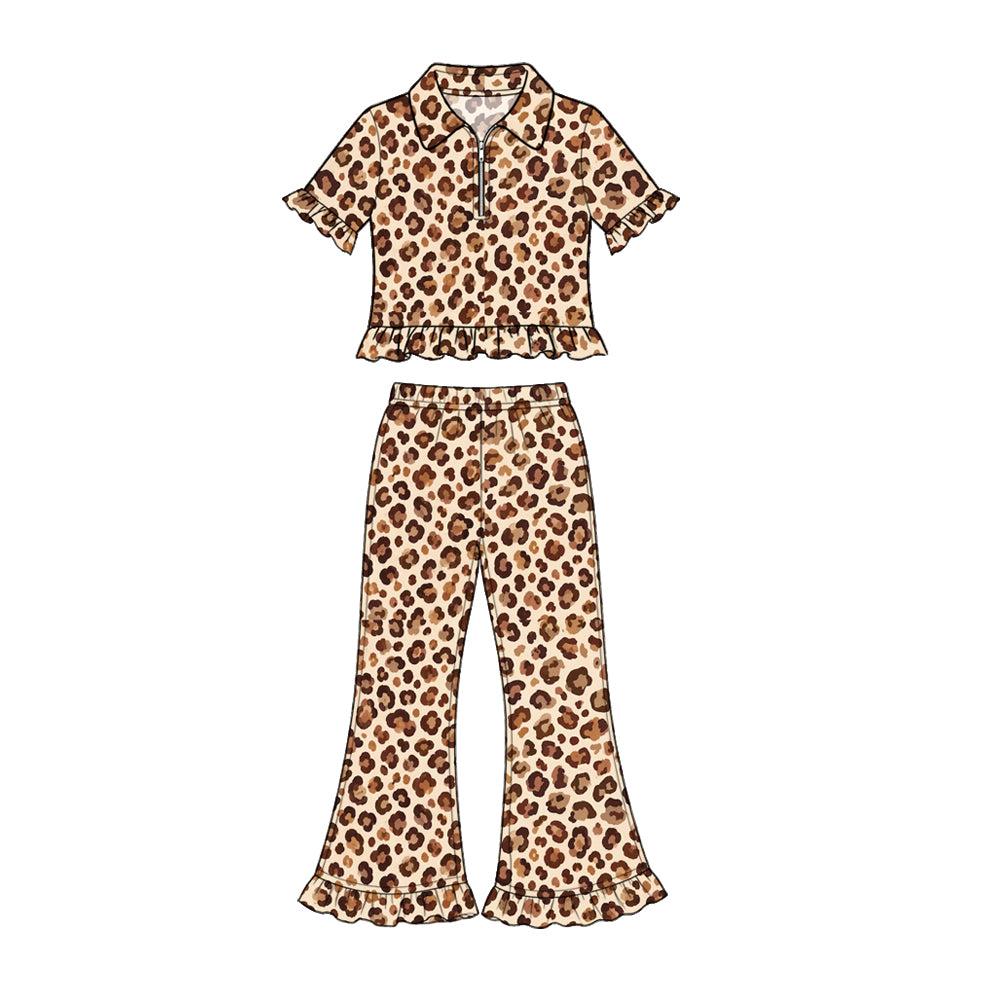 10.23 GSPO2422 Preorder Girls  Leopard Short Sleeve PUllover Top Bell Botton Pants Outfit