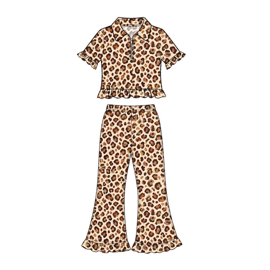 10.23 GSPO2422 Preorder Girls  Leopard Short Sleeve PUllover Top Bell Botton Pants Outfit