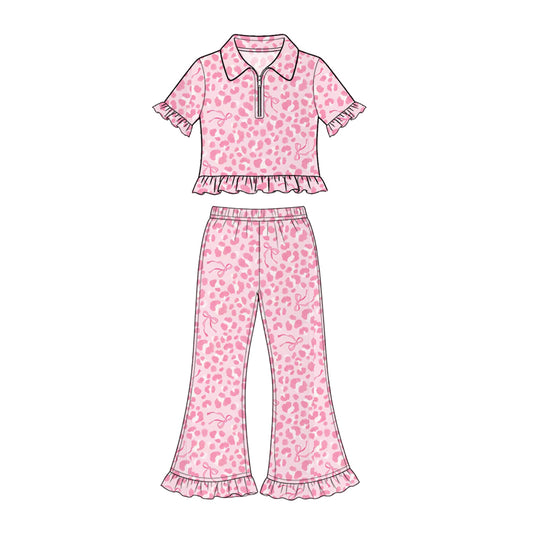 10.23 GSPO2423 Preorder Girls Pink Leopard Short Sleeve PUllover Top Bell Botton Pants Outfit