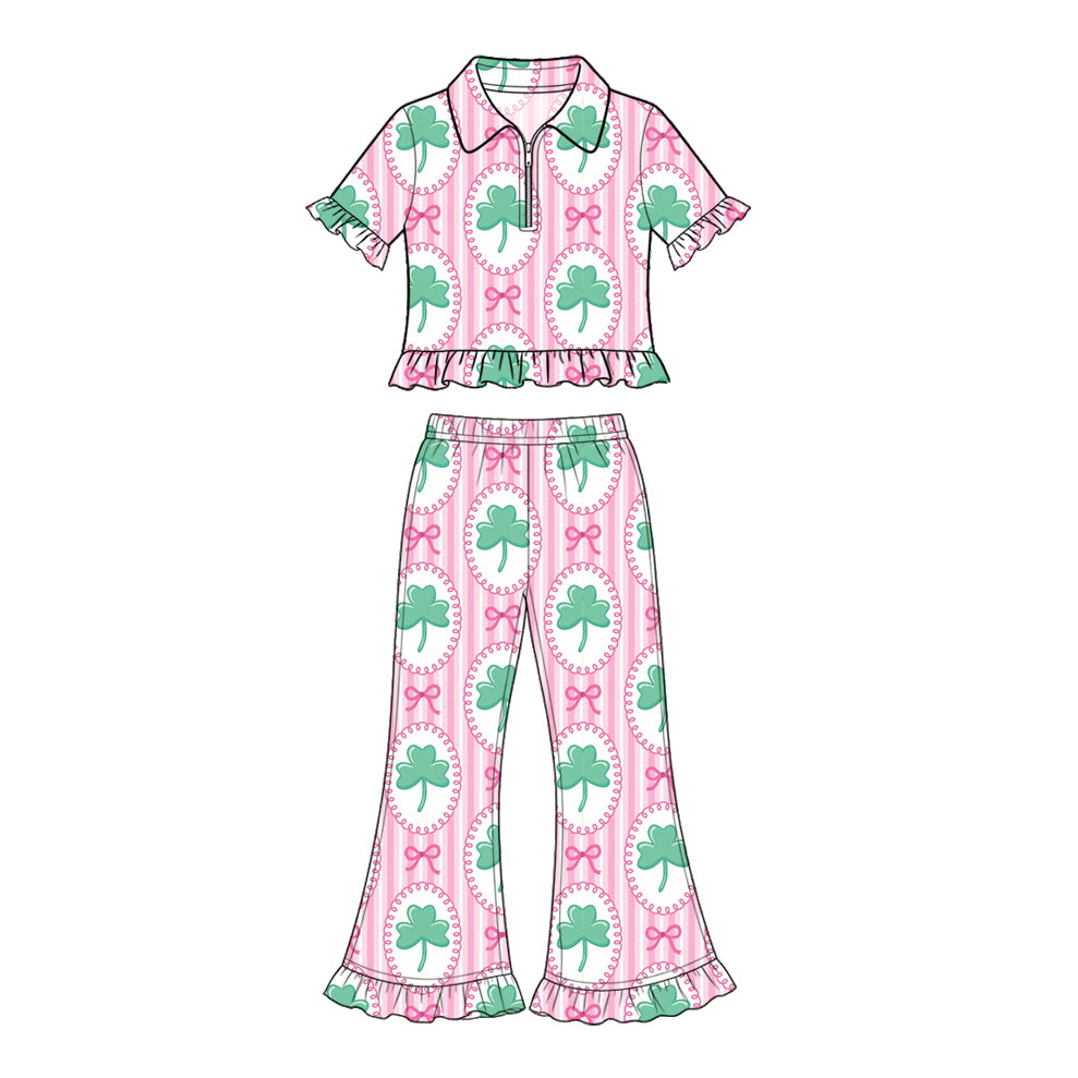 10.23 GSPO2425 Preorder Girls irl St. Patrick's Day Shamrock Short Sleeve Pullover Top  Flare Pants Outfit