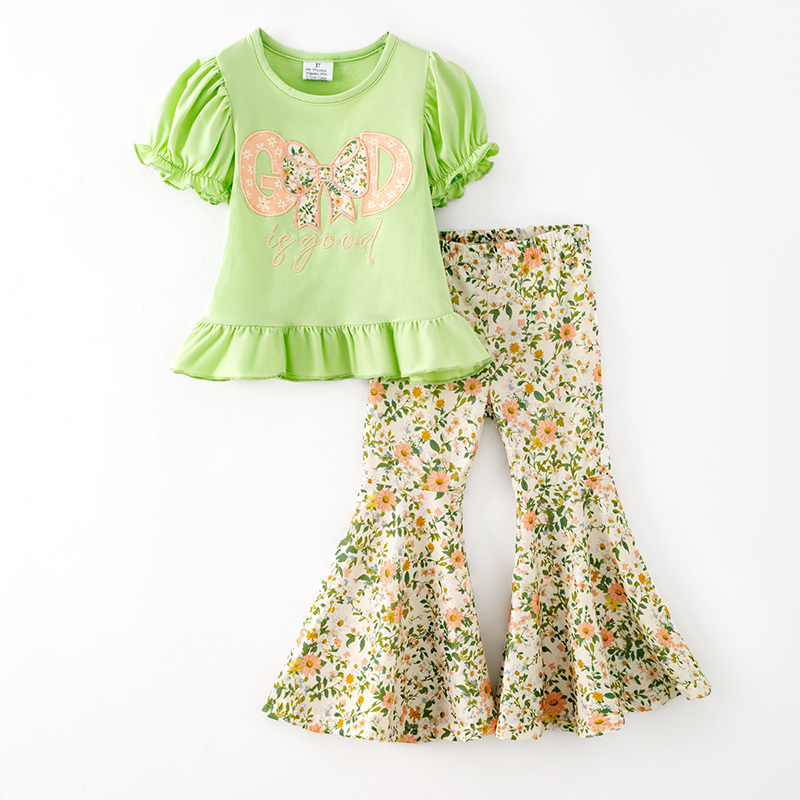 10.29 GSPO2430 Preorder Kids Girls  Dog is Good Floral Bell Bottom Pants Outfit