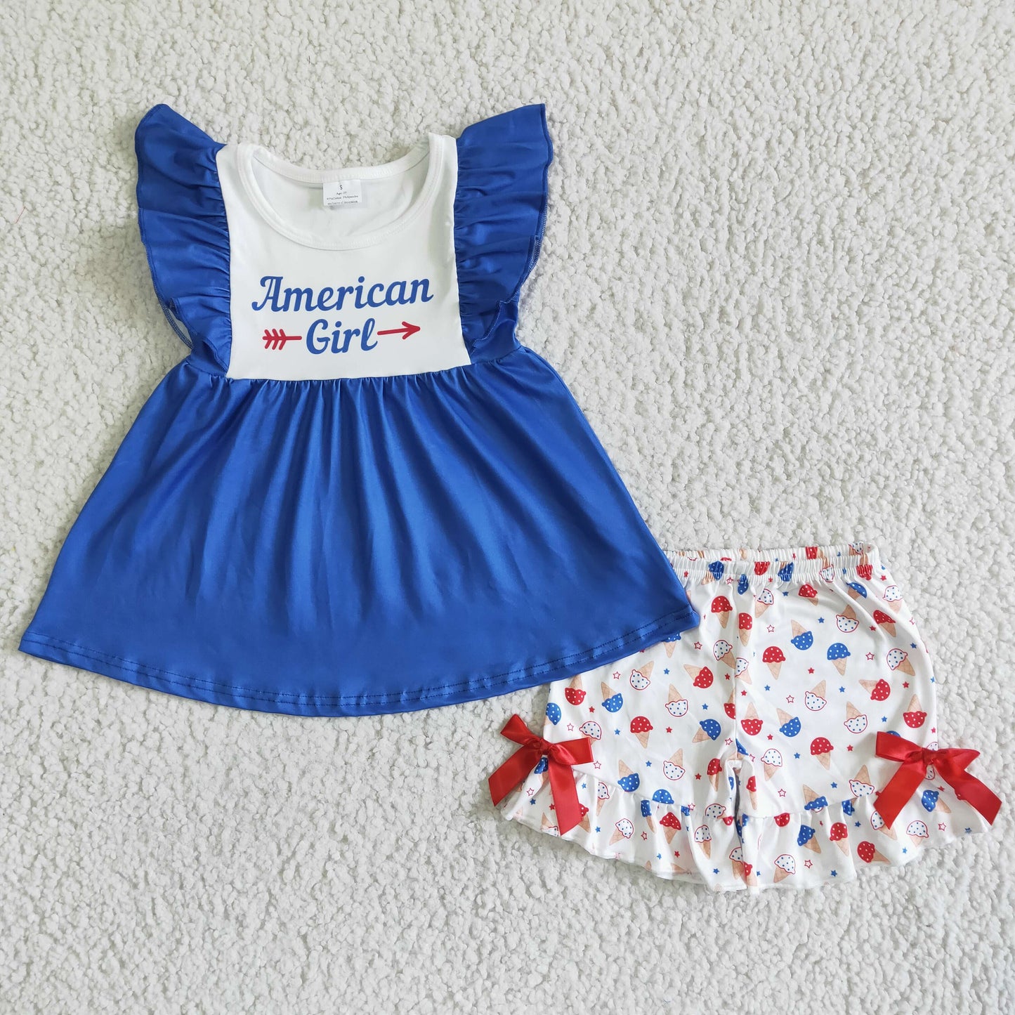 (Promotion)GSSO0042  American Girl Blue Tunic Top White Shorts Girls 4th of July Clothes Set