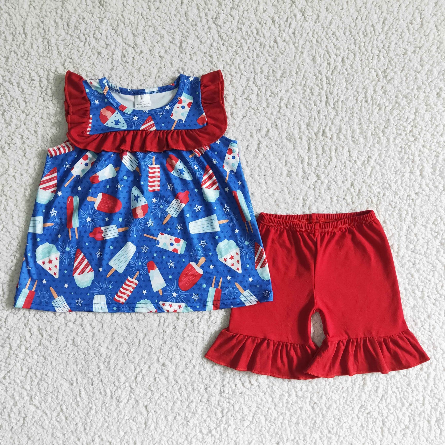 GSSO0044  Popsicle Stars Tunic Top Red Shorts Girls 4th of July Clothes Set