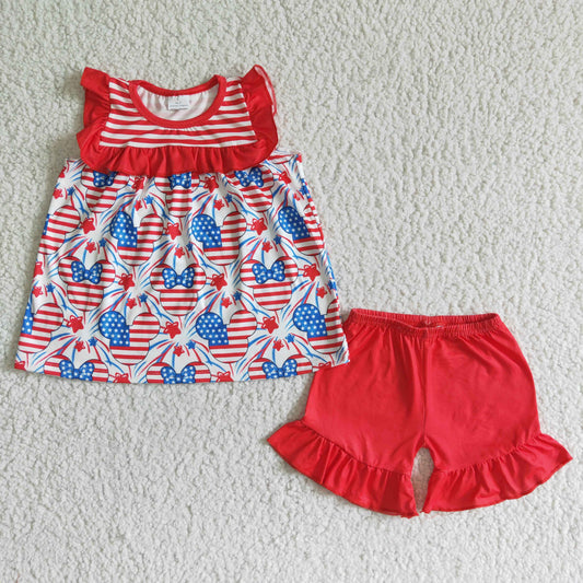 (Promotion)GSSO0055  Cartoon Mouse Stars Tunic Top Red Shorts Girls 4th of July Clothes Set