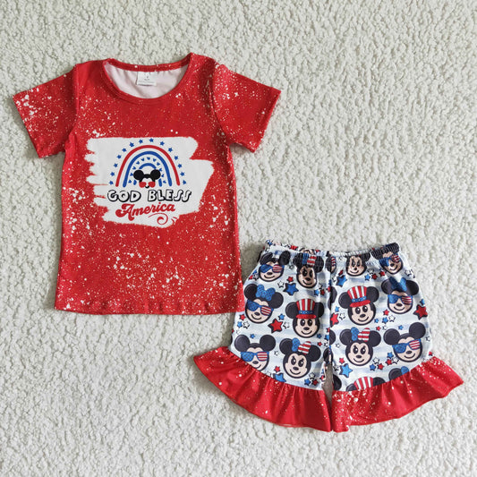 (Promotion)GSSO0065  Cartoon Mouse Rainbow Top Stars Stars Shorts Girls 4th of July Clothes Set