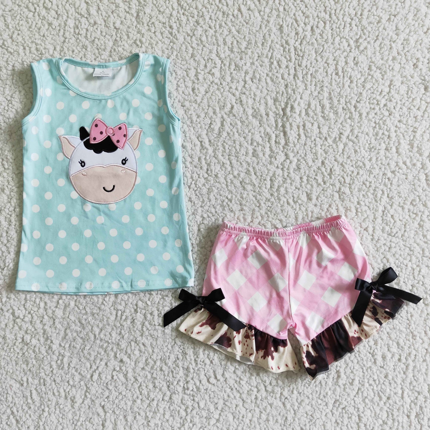Girls summer cow print embroidery outfits   GSSO0088