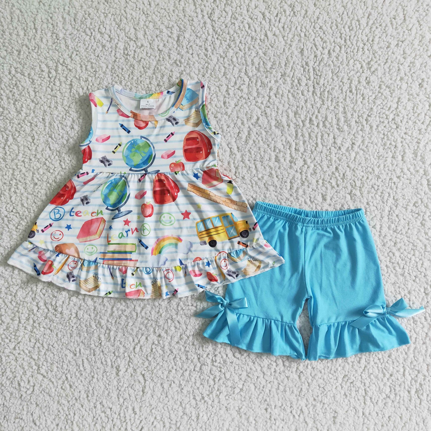GSSO0112 Pen Apple Bus Tunic Top Blue Shorts Girls Back to School Clothes Set