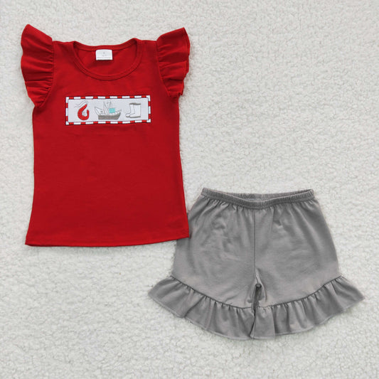 Girls steamship print embroidery summer outfits  GSSO0161
