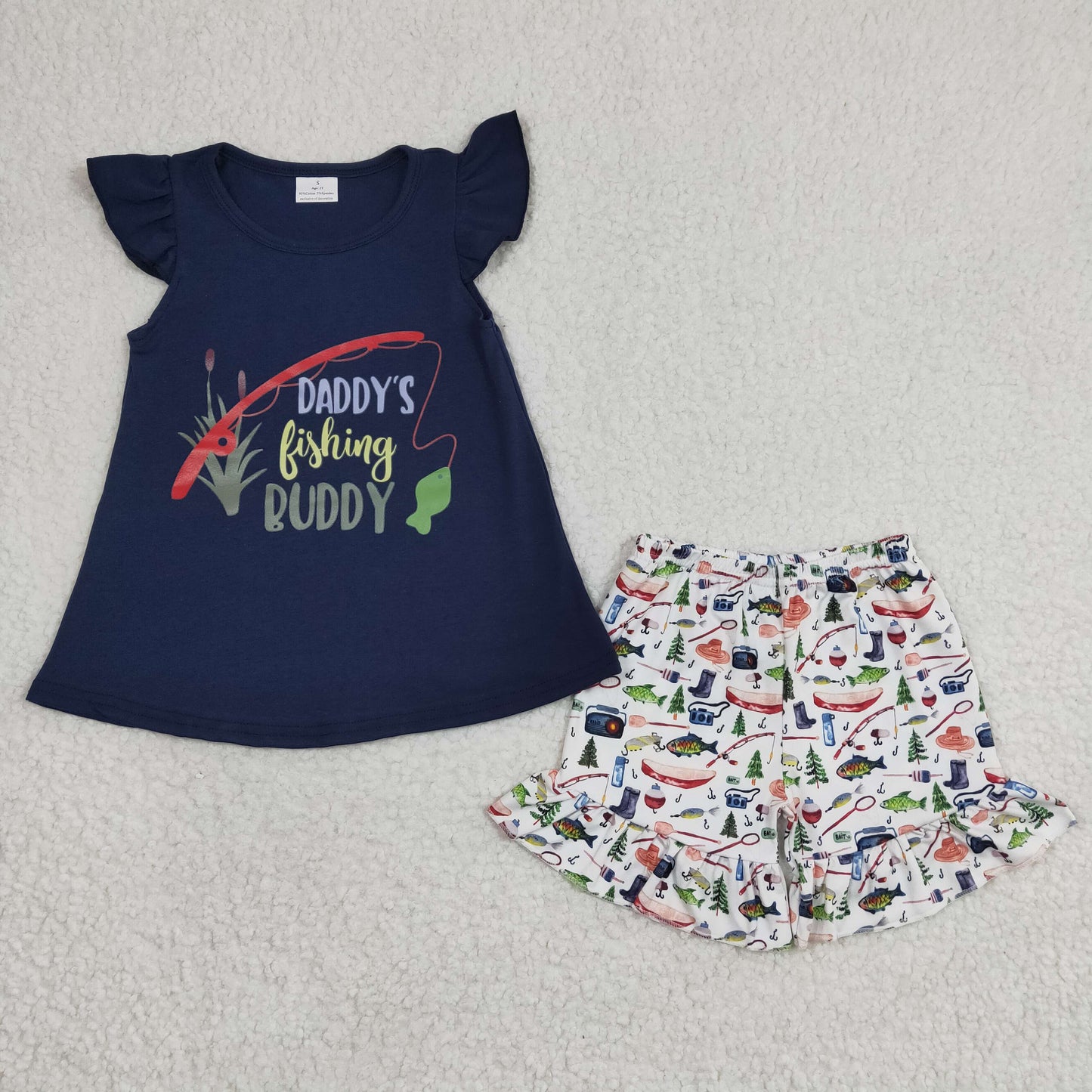fishing vinyl navy top ruffle shorts Girls summer outfits  GSSO0165