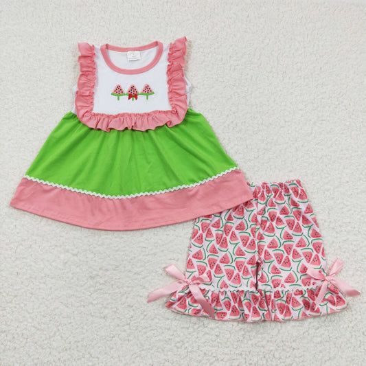 GSSO0179  Watermelon Embroidery Tunic Top Ruffle Shorts Girls Summer Clothes Set