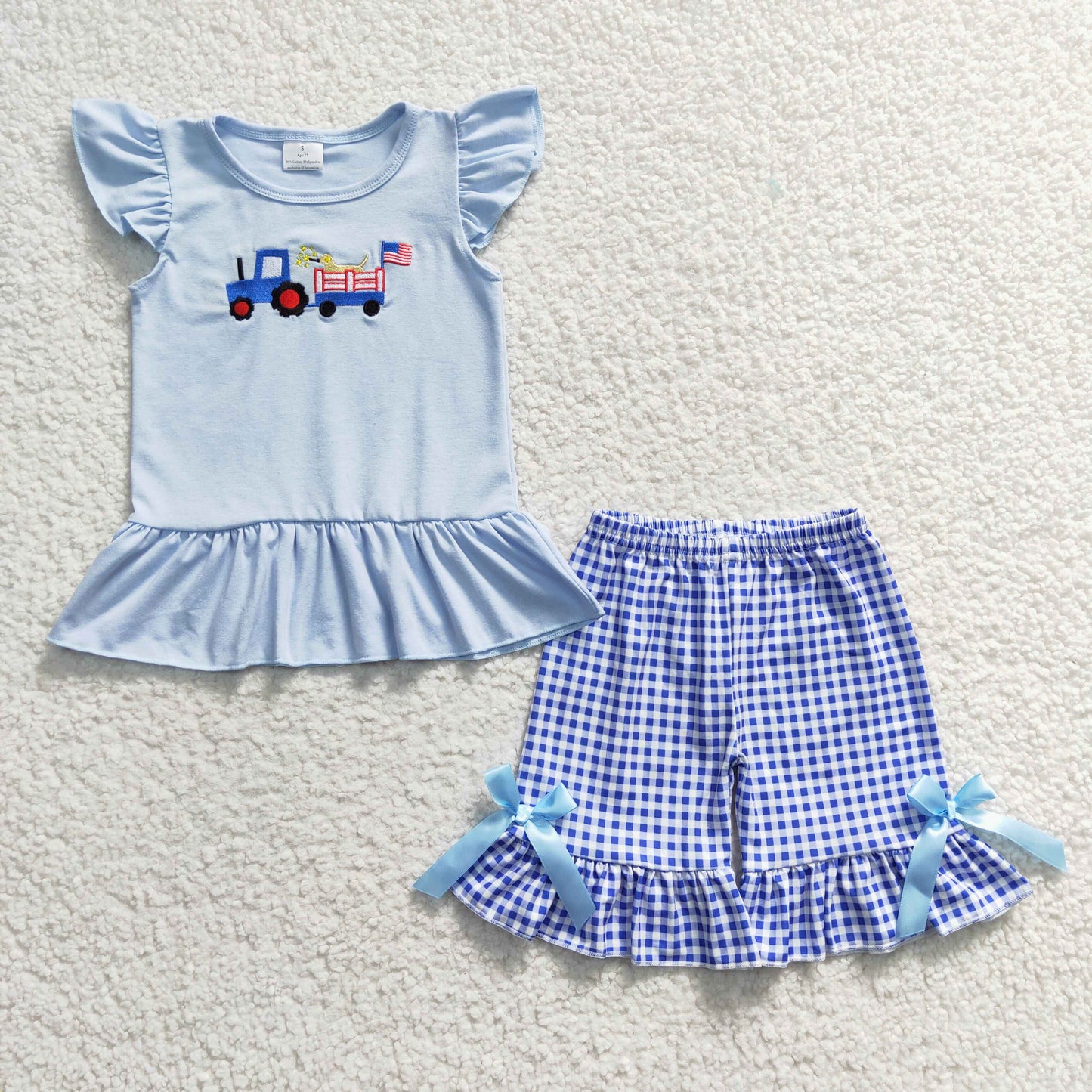 GSSO0206 Tractor Flag Embroidery Blue Top Plaid Shorts Baby Girls 4th of July Clothes Sets