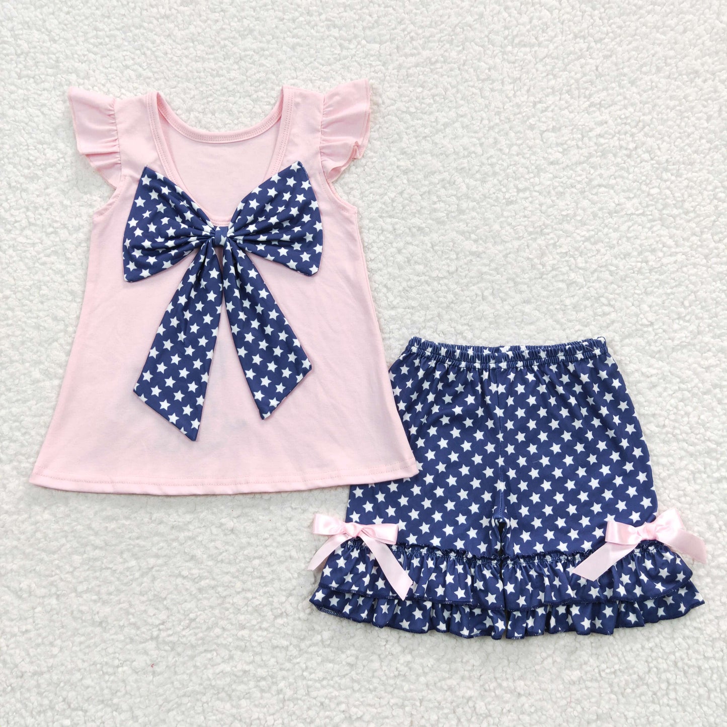 Puppy Flag Embroidery Top Stars Shorts Girls 4th of July Clothes Set