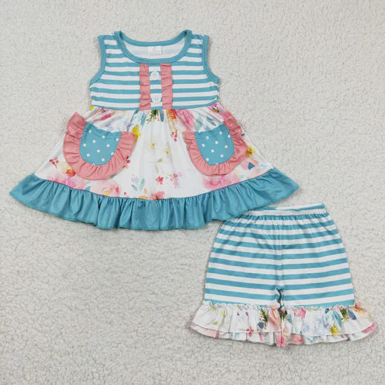Sibling Baby Girls Sleeveless Bows Lemons Pockets Button Tunic Ruffle Shorts Outfit
